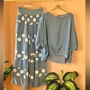 Made in Italy Linen Top and Polka-DOT Palazzo Pants-Blue and White